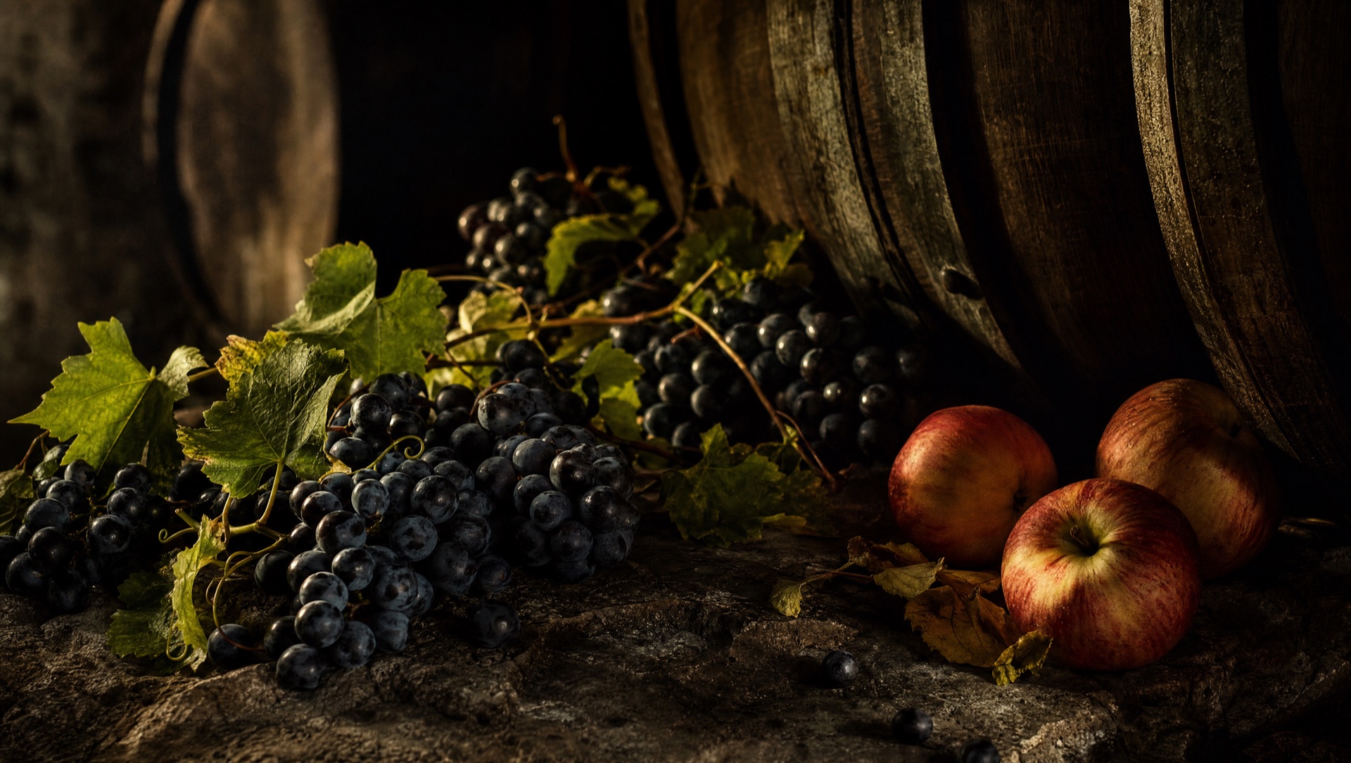 Oak barrels with grapes and apples in a cellar