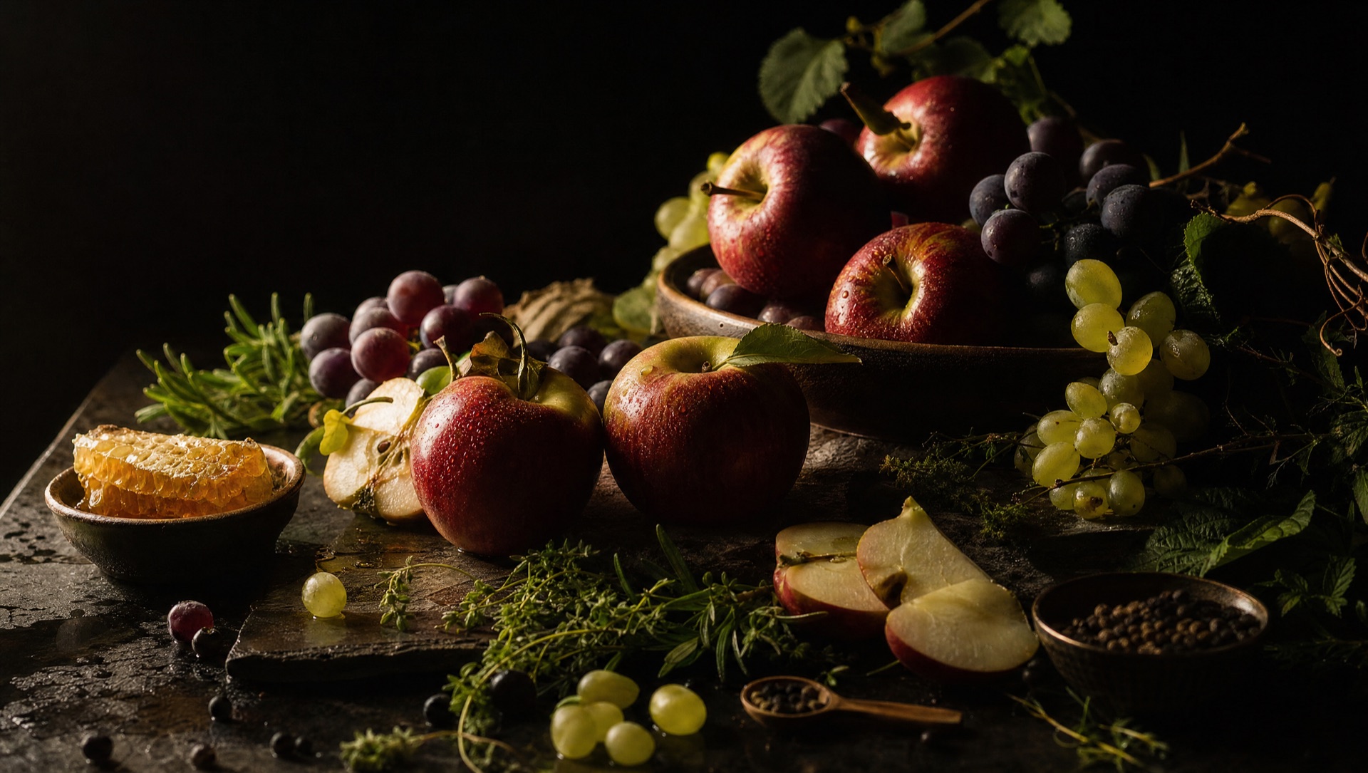 Fresh grapes, apples and honeycomb on a dark table
