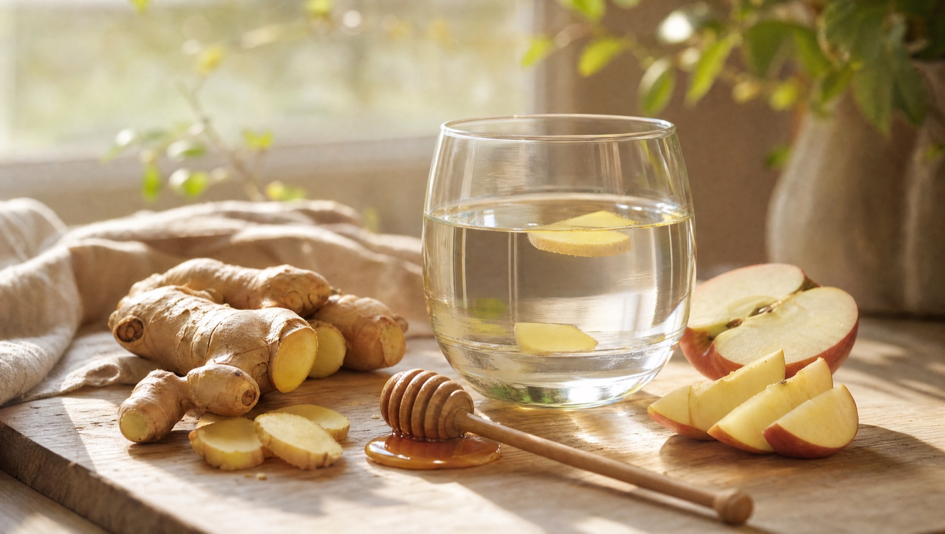 Ginger, honey and sliced apple beside a glass of water