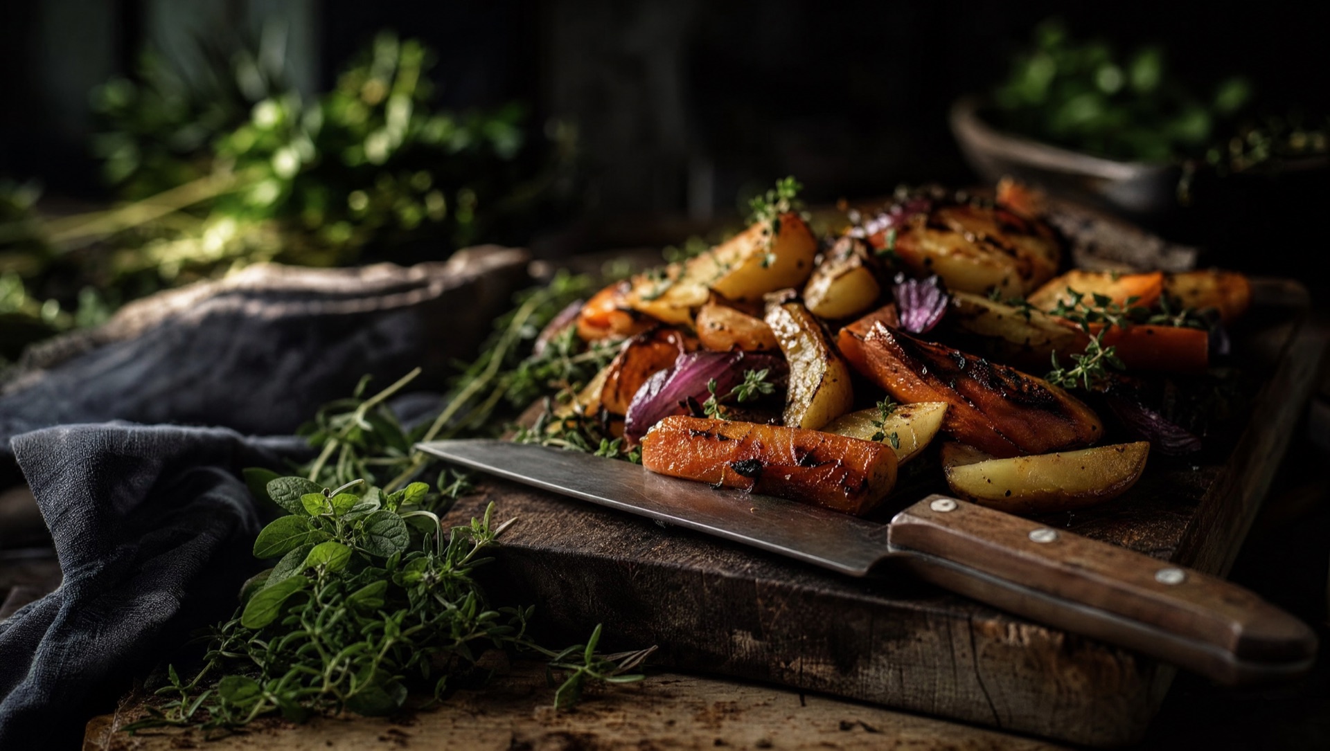 Roasted vegetables and potatoes on a wooden board with fresh herbs