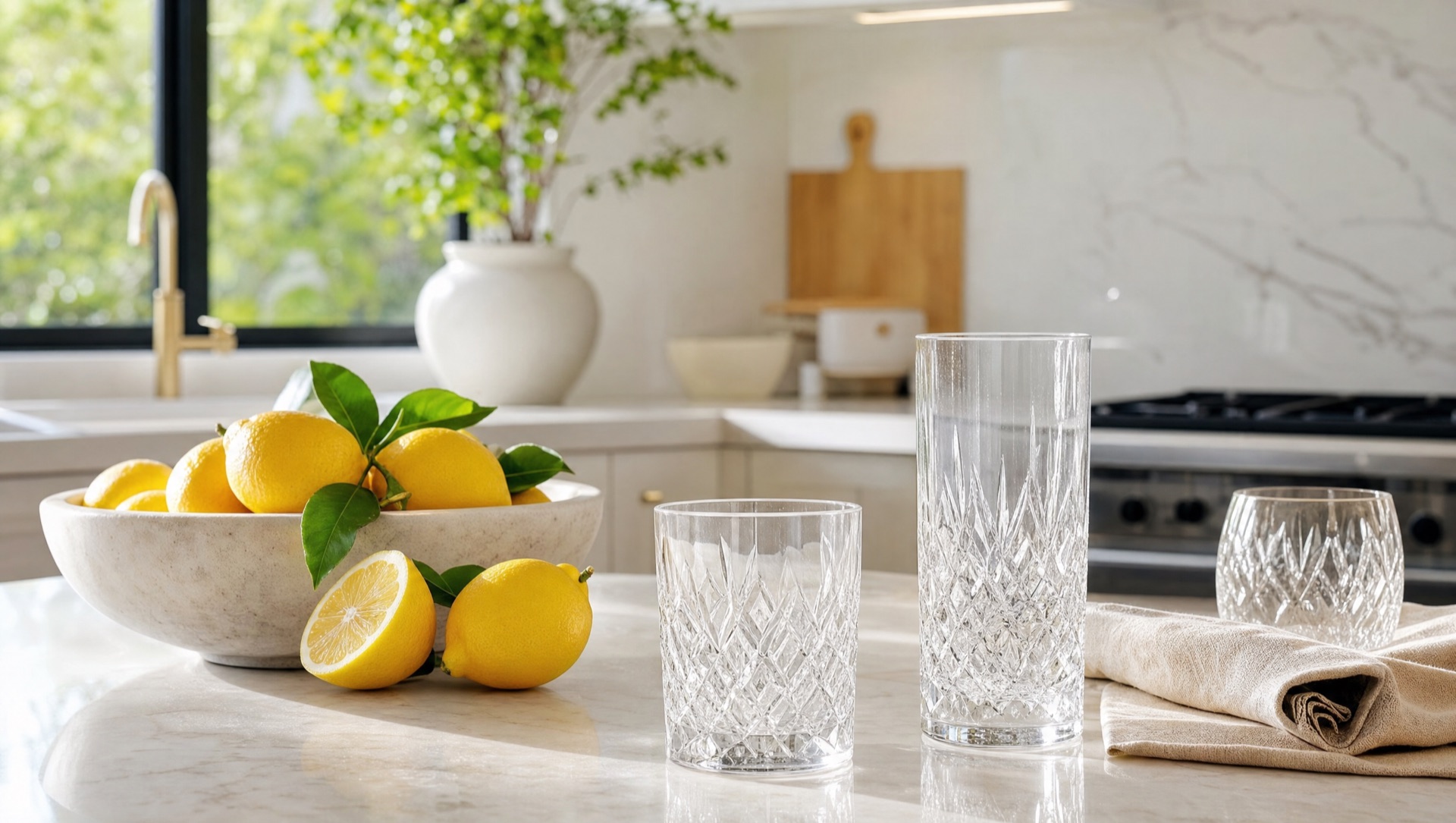 Crystal-clear glassware and lemons on a bright kitchen counter