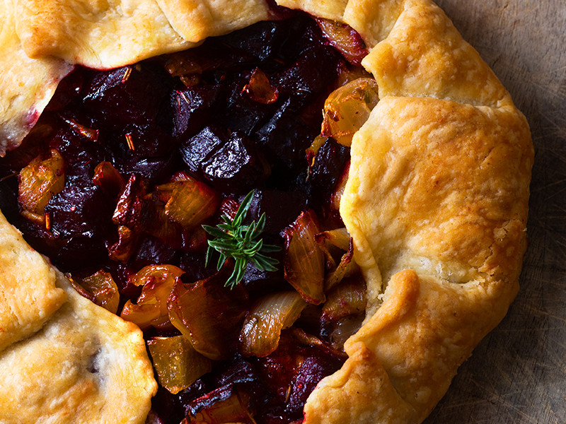 Vegan balsamic beetroot and shallot tart