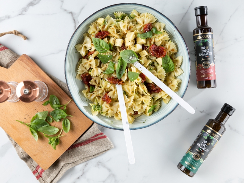 Pasta salad in a serving bowl