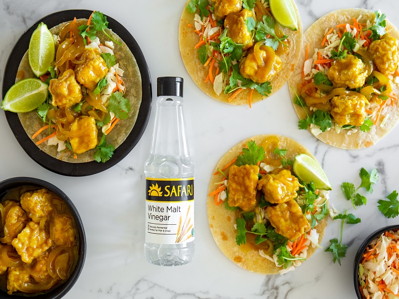 Pickled fish tacos on a board